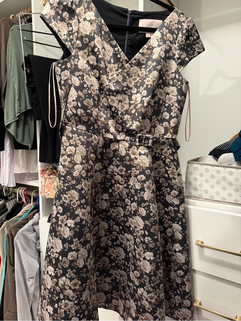 Gal Meets Glam Black and Cream Floral V-Neck Fit & Flare Midi Dress with belt